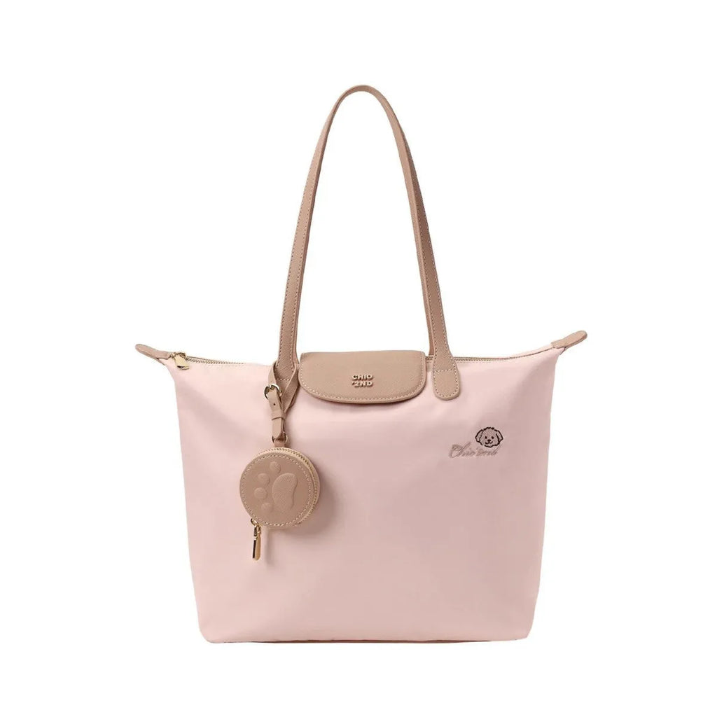 Oxford cloth tote shoulder bag in pink colour with sandwich pocket design and crossbody strap