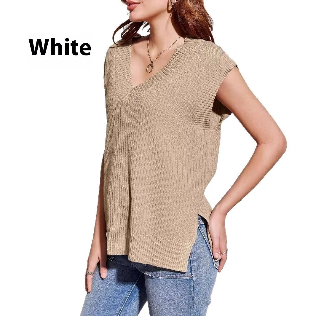 Camel and white V-neck sleeveless pullover vest showing striped and plaid pattern options
