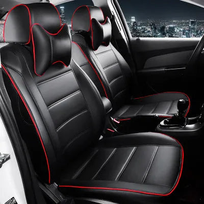 Leather car seat cover in beige and black with red accent colour options, showing binding style edges.