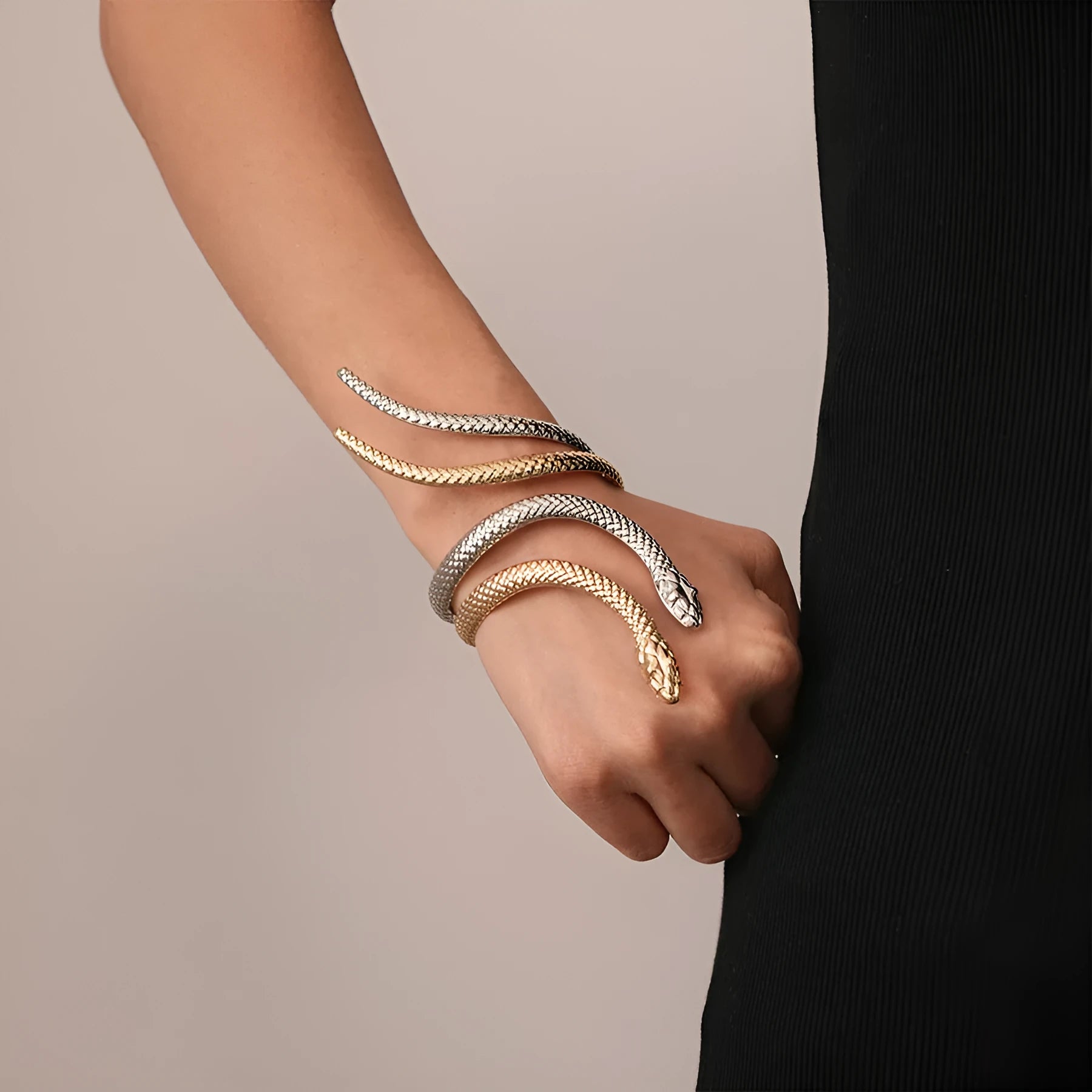 Gold and silver twisted snake opening ring and bracelet jewellery set