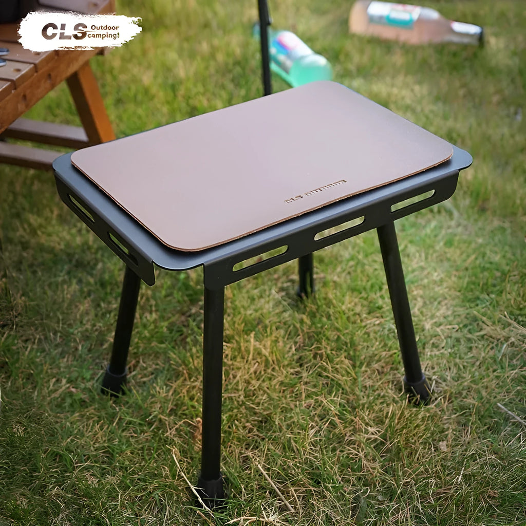 CLS aluminium folding camping stool in army green, shown extended as a seat and converted into a small table.