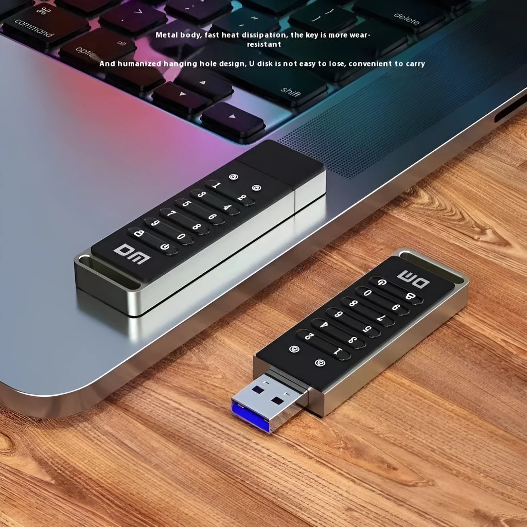 Metal encrypted USB flash drive with fingerprint sensor showing 64GB capacity and USB 3.0 interface