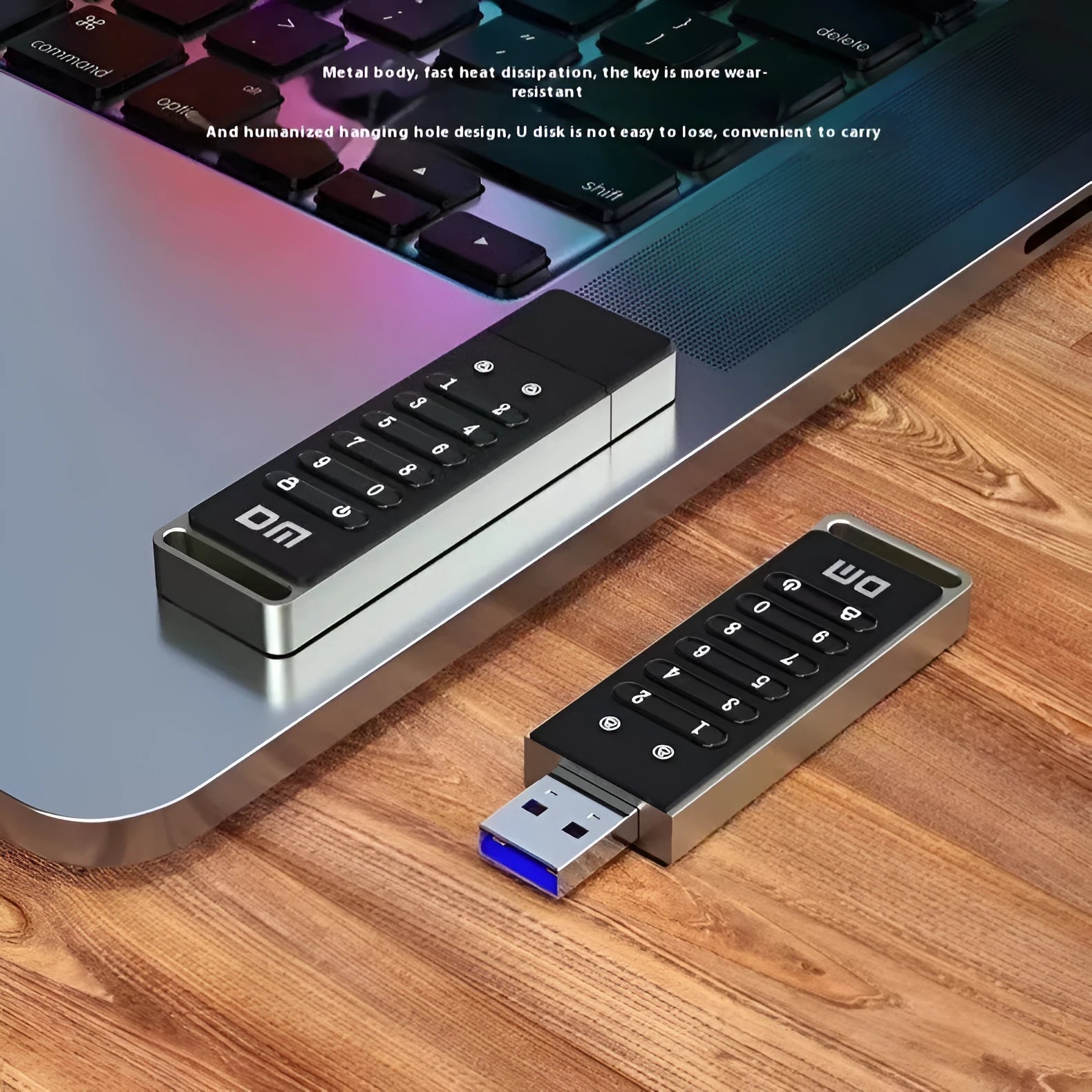 Metal encrypted USB flash drive with fingerprint sensor showing 64GB capacity and USB 3.0 interface