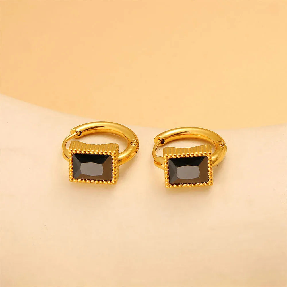 Square zircon geometric earrings in stainless steel with round ring elements