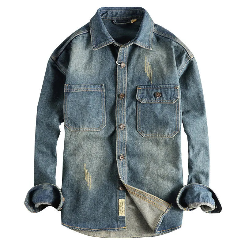 Men's light blue washed vintage denim shirt with long sleeves and loose fit