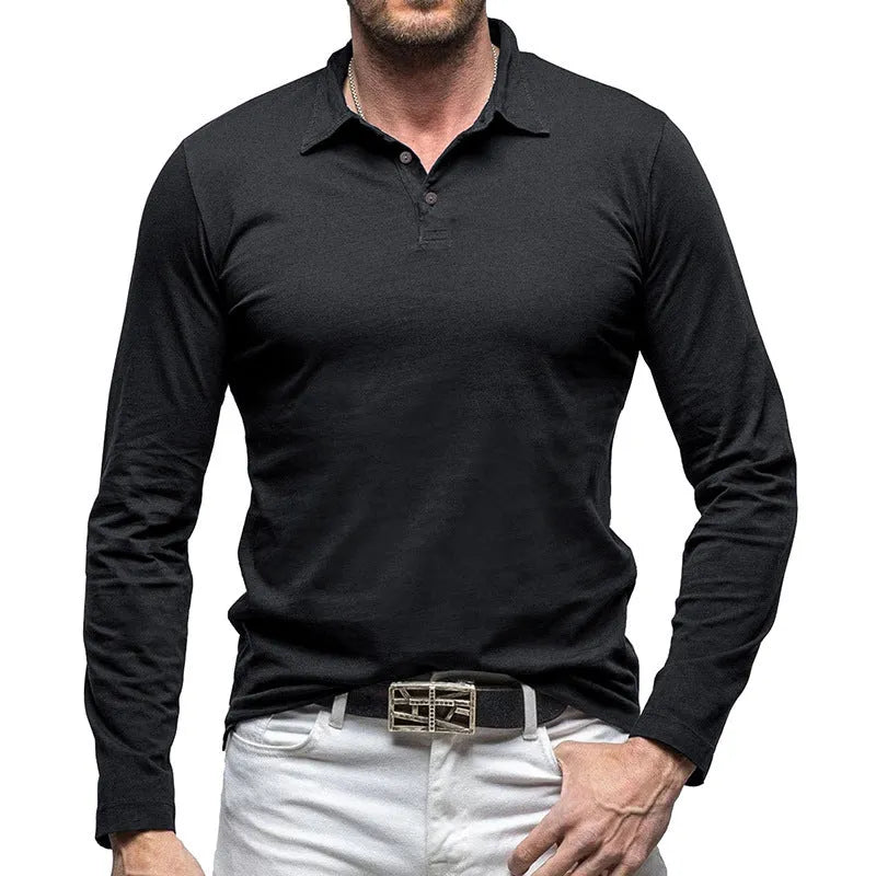 Men's dark grey long sleeve cotton t-shirt with a polo collar, American retro style, laid flat.