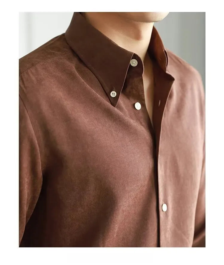 Men's pure color artistic lazy trendy shirt in cotton blend, brown, front view