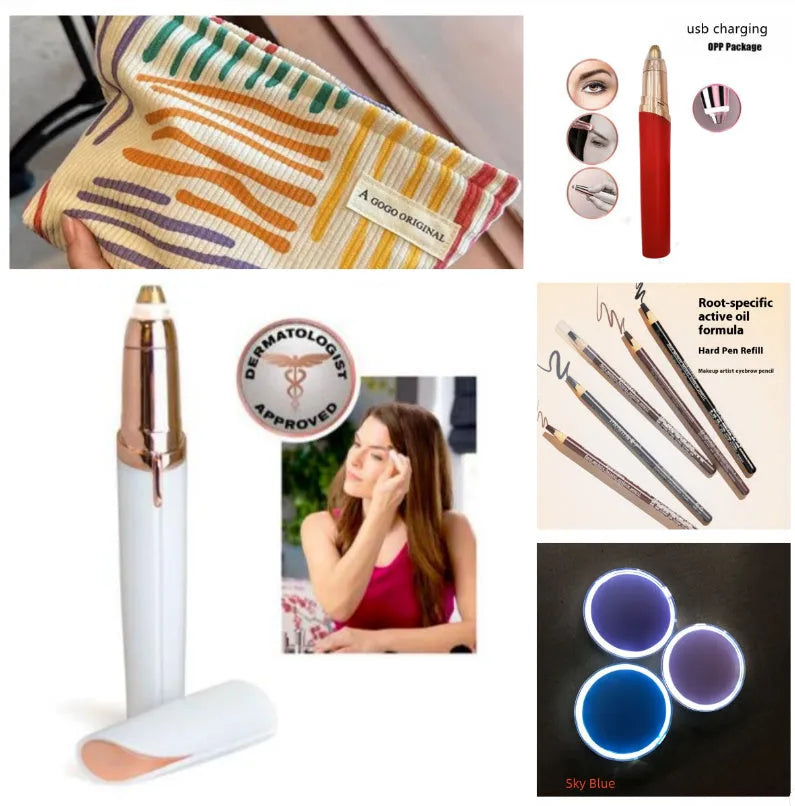 Eyebrow epilator pen with gold plated head and LED light on pink background