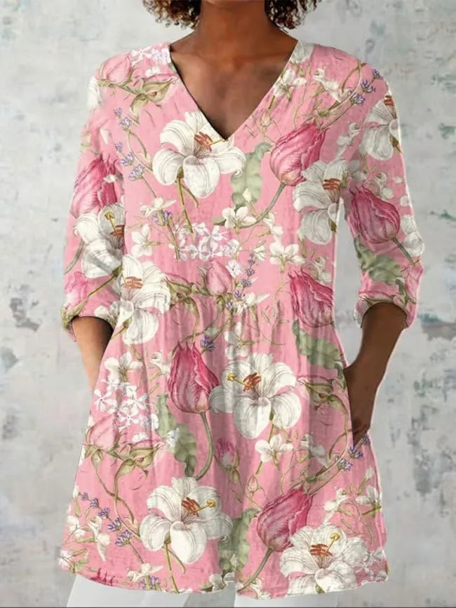 Women's retro slim fit printed long-sleeved top in polyester fabric with digital printing design