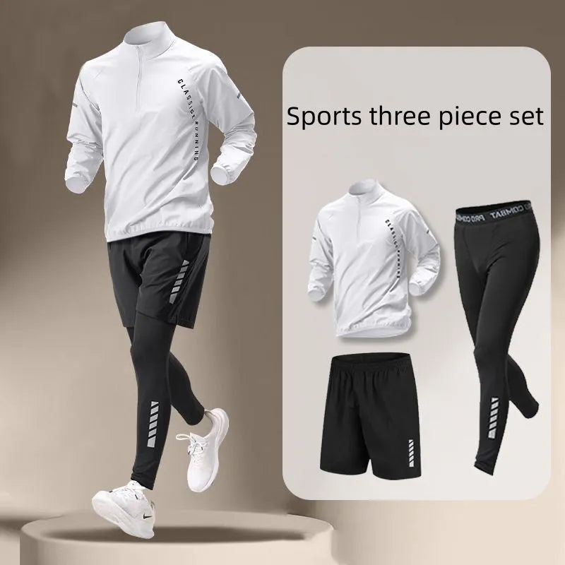Men's black fitness set with long sleeve top, shorts, and long trousers in ice silk quick-dry polyester fabric