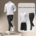 Men's black fitness set with long sleeve top, shorts, and long trousers in ice silk quick-dry polyester fabric