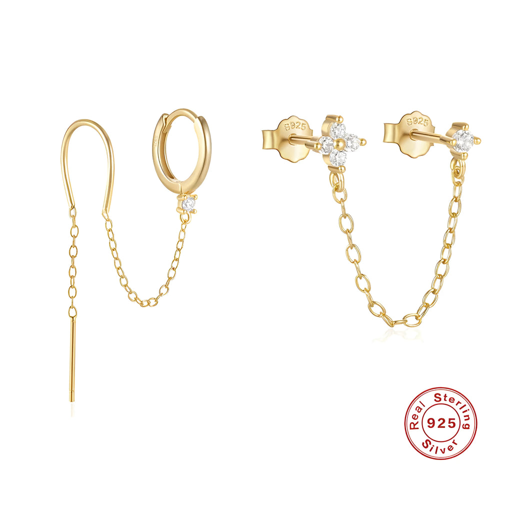 S925 sterling silver geometric ear clip studs with a diamond flower and tassel chain design in a gold electroplated finish.