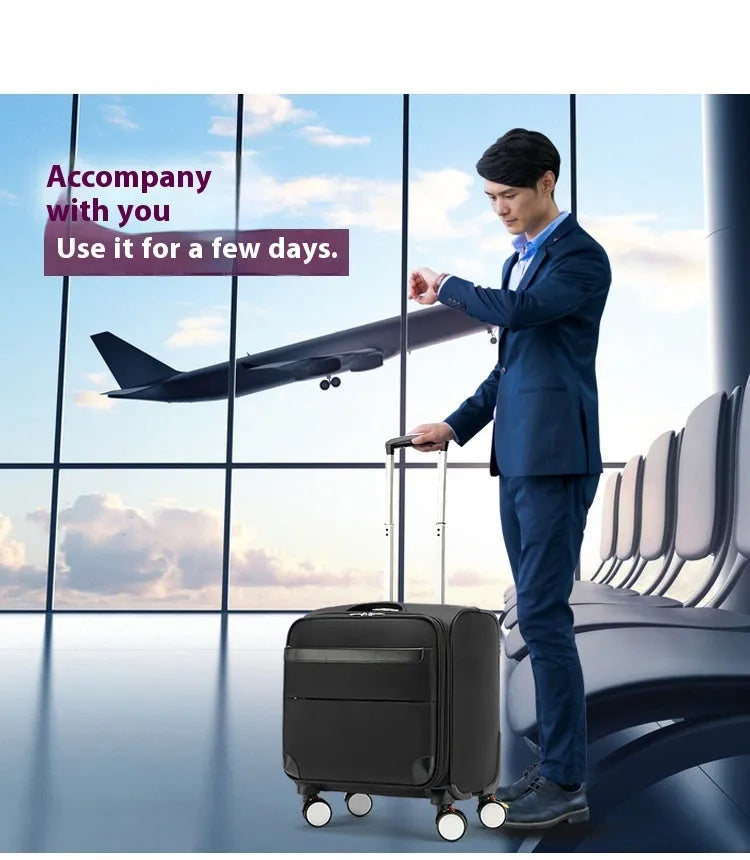 Black 18-inch Oxford cloth business luggage suitcase with universal wheels and retractable handle