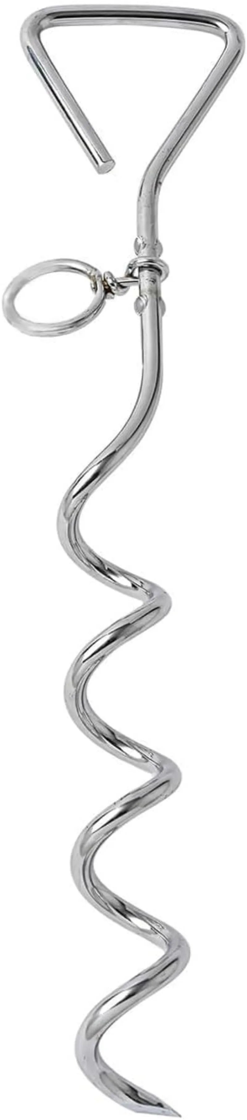 Heavy duty silver spiral dog tie out stake anchor for secure outdoor tethering