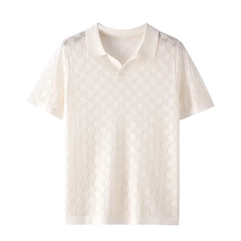 Men's short sleeve lapel sweater in mulberry silk, shown in a solid colour.