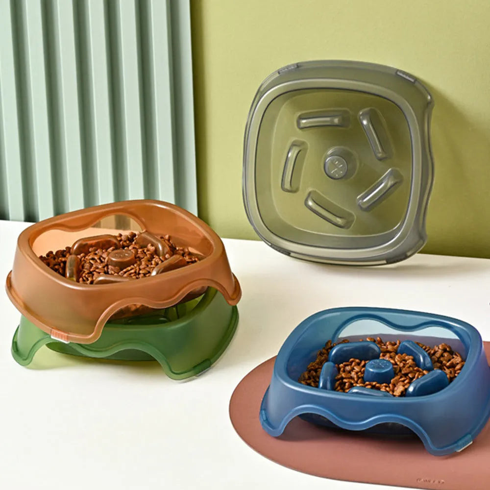 Blue plastic dog slow feeder anti-choking bowl for food and water