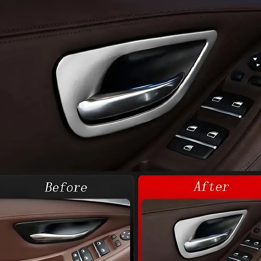 Black ABS and stainless steel interior handle trim strips for BMW 5 Series F10/F1 models, four-piece set.