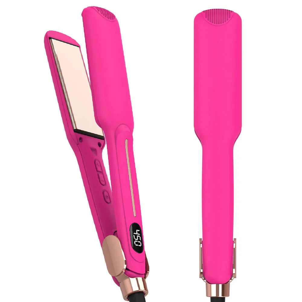 Rose red infrared salon hair straightener and curler with 1.5-inch barrel and negative ion feature on a white background