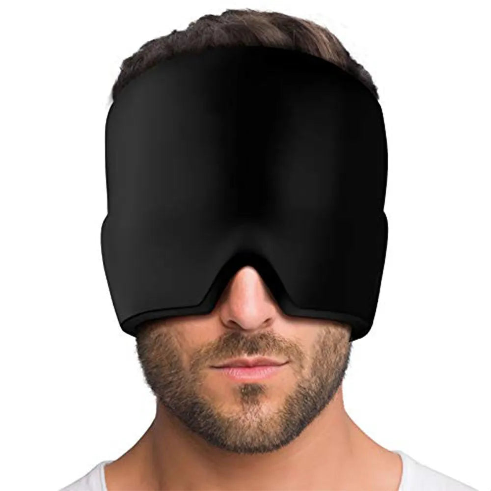 Black elastic cloth gel eye mask for headache relief measuring 22cm by 17cm