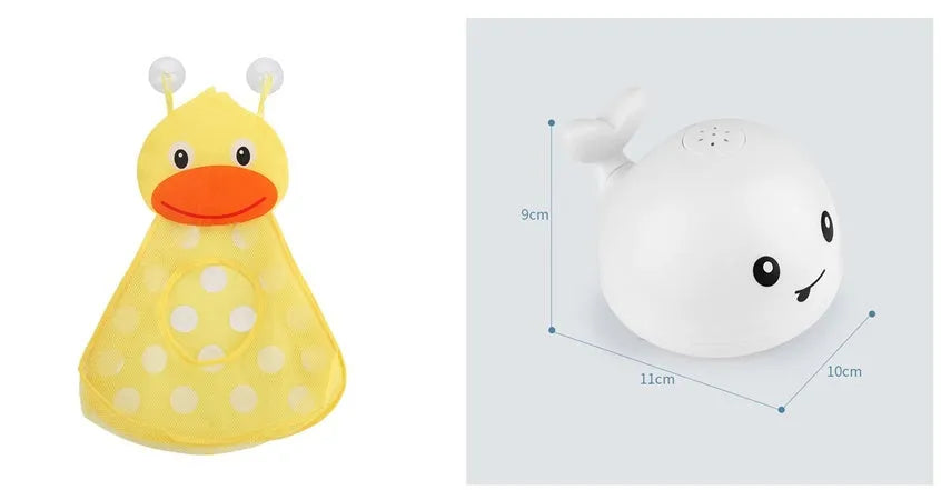 Automatic water spray whale bath toy floating in water with fountain and LED lights