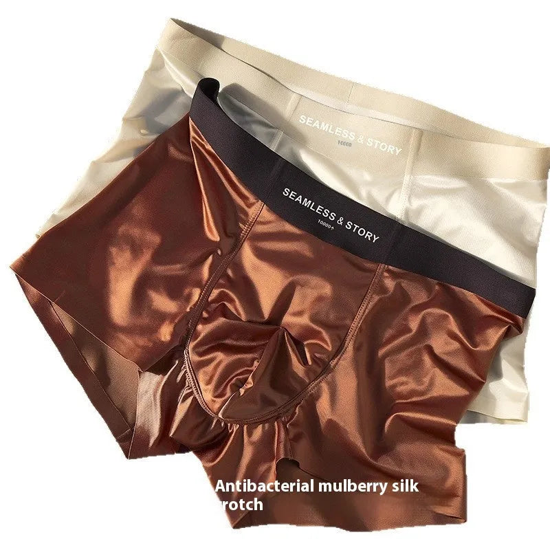 Men's ice silk satin underwear in mid waist traceless design, shown in coffee colour.