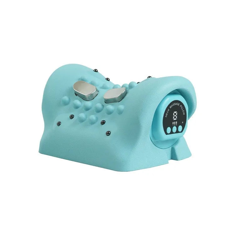 Blue-green portable EMS massage pillow with hot compress for shoulder and neck relief