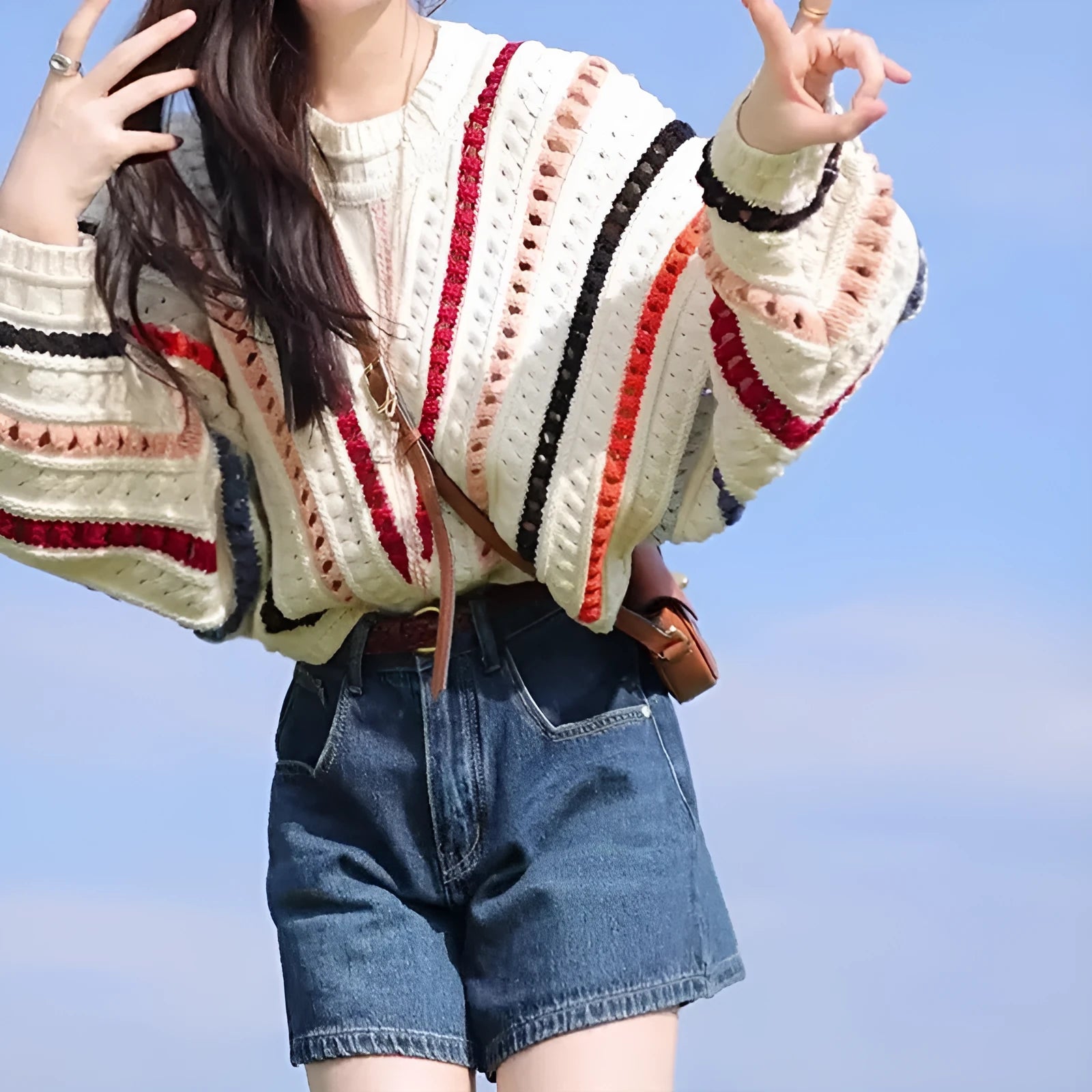 Retro rainbow striped hollow sweater with batwing sleeves and round neck in loose casual style