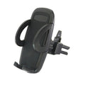Black plastic car mobile phone holder mounted on air conditioning vent with adjustable arms gripping smartphone