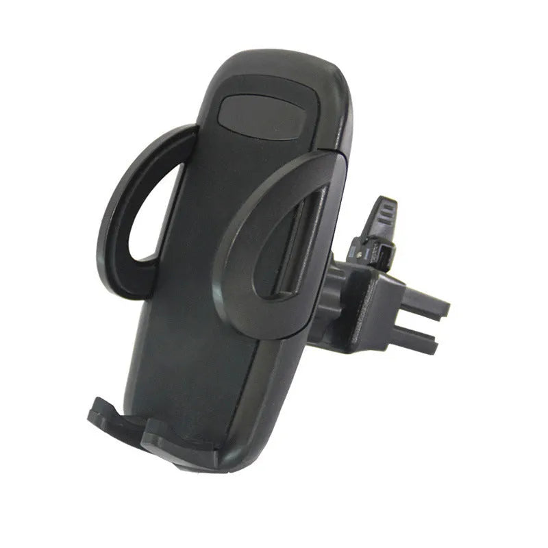 Black plastic car mobile phone holder mounted on air conditioning vent with adjustable arms gripping smartphone