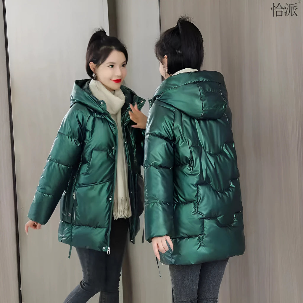 A women's loose-fitting thick hooded winter jacket in an acrylic polyester fabric.