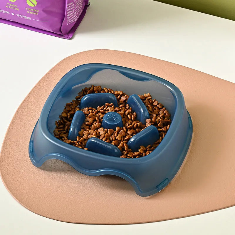 Blue plastic dog slow feeder anti-choking bowl for food and water