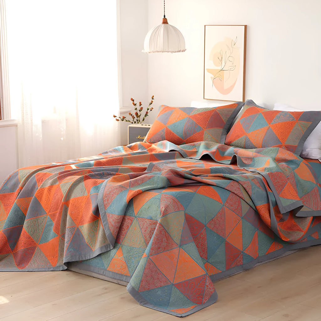 Cotton gauze bed blanket set with plant and flower pattern showing blanket and two pillowcases