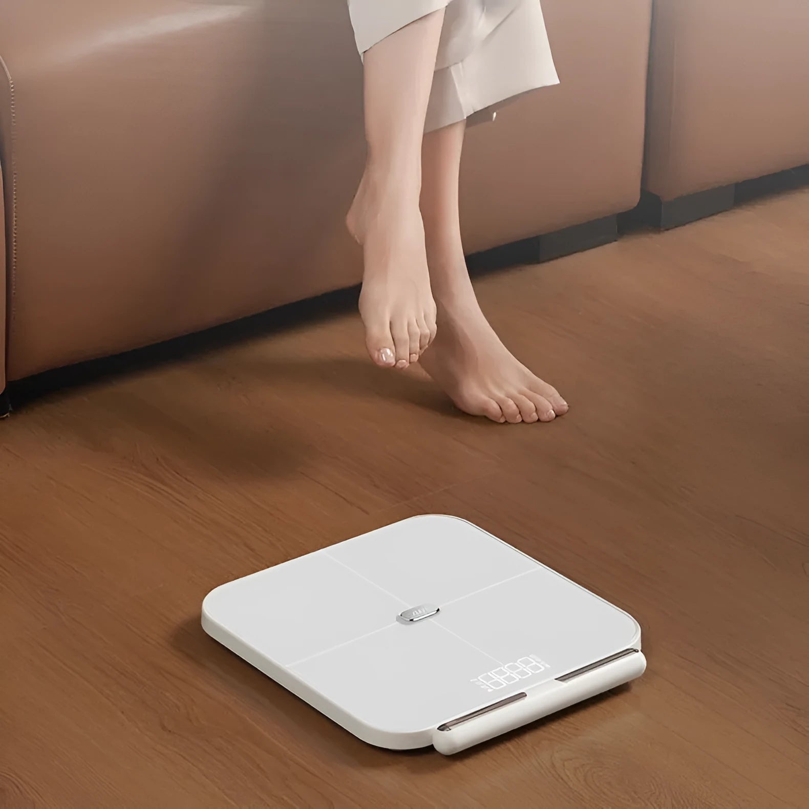 White tempered glass body fat scale with eight electrodes and LED display.