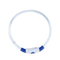 Blue USB rechargeable LED dog collar glowing around dog's neck with adjustable 70cm length