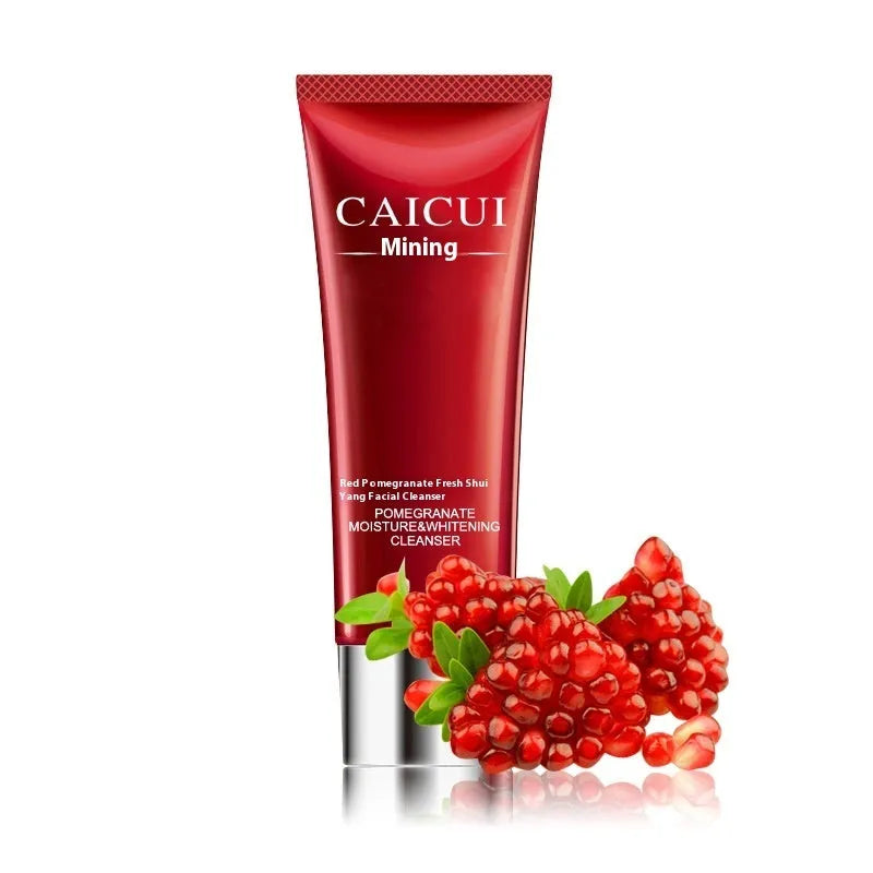 Red packaged pomegranate skincare set containing face wash, toner, lotion and facial cream bottles.