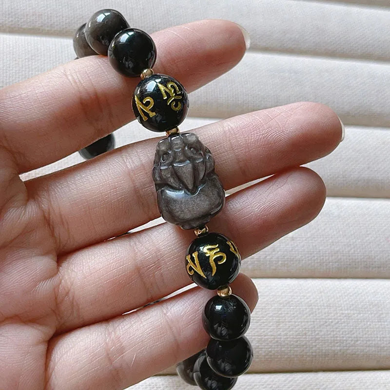 Silver stone men's bracelet with engraved zodiac symbols and Chinese proverbs on adjustable cord