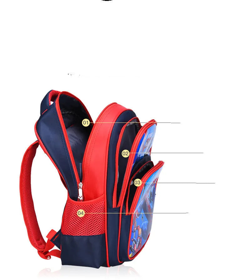 Children's sapphire blue backpack with anime cartoon prints showing dimensions and included pencil case