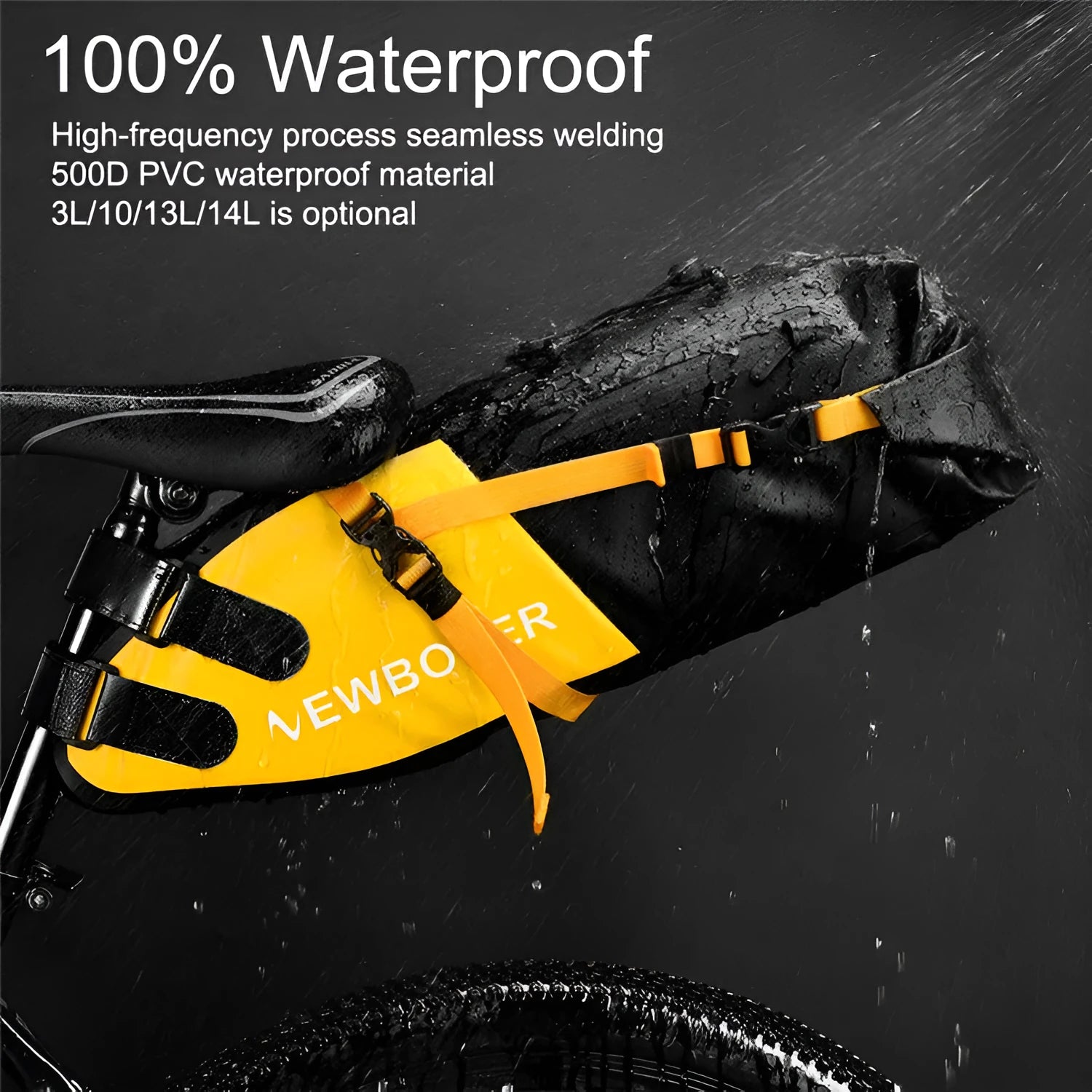 Waterproof PVC tail bag for bicycles and motorcycles in yellow, black, or green.
