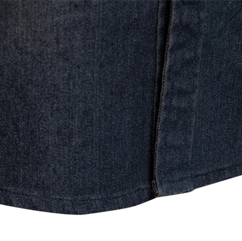 Men's long-sleeved slim fit denim shirt in solid colour cotton casual top