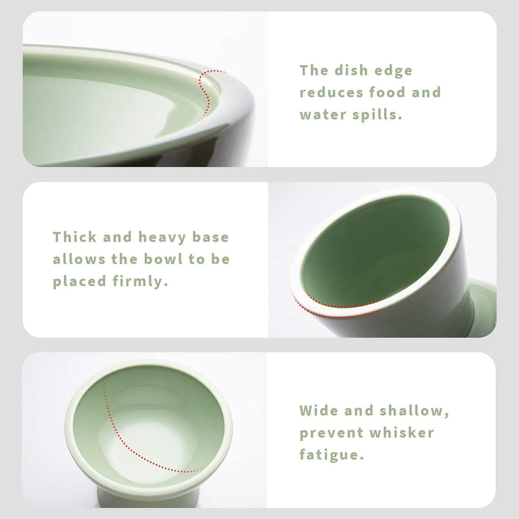 Extra wide elevated ceramic cat food and water bowl in blue, green, pink or white