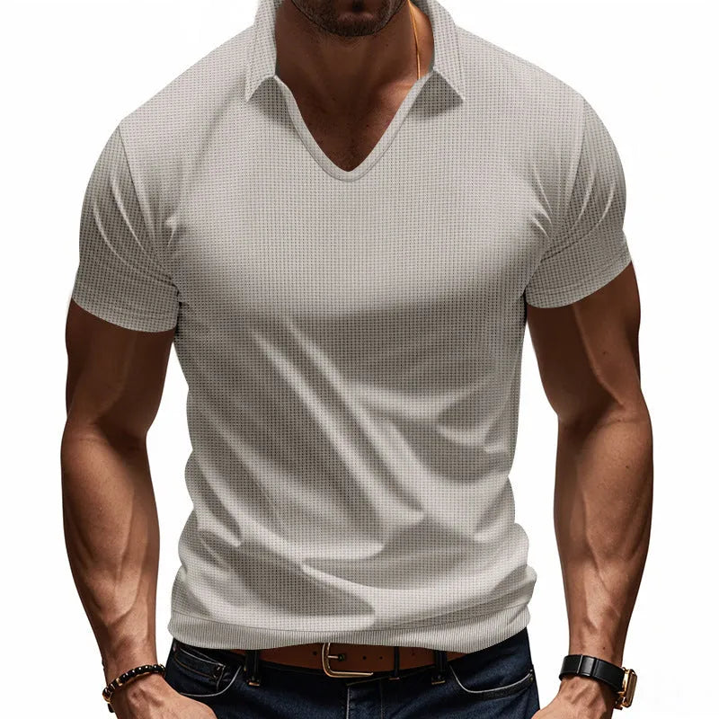 Men's casual V-neck loose fit short sleeve t-shirt in cotton blend fabric shown in multiple colour options
