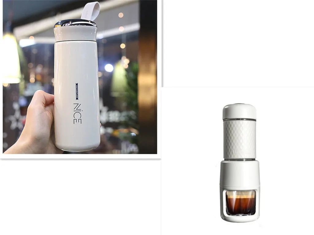 Portable manual espresso coffee machine in stainless steel, 7x7x20.3 cm, available in multiple colours