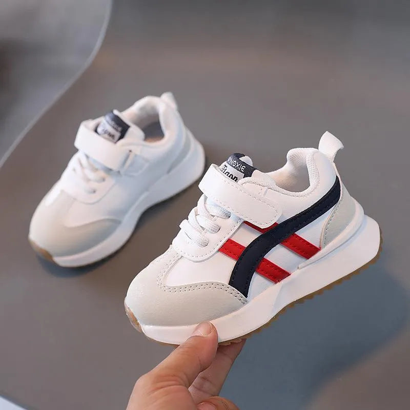Children's white casual sneakers with synthetic leather upper and Velcro fastening