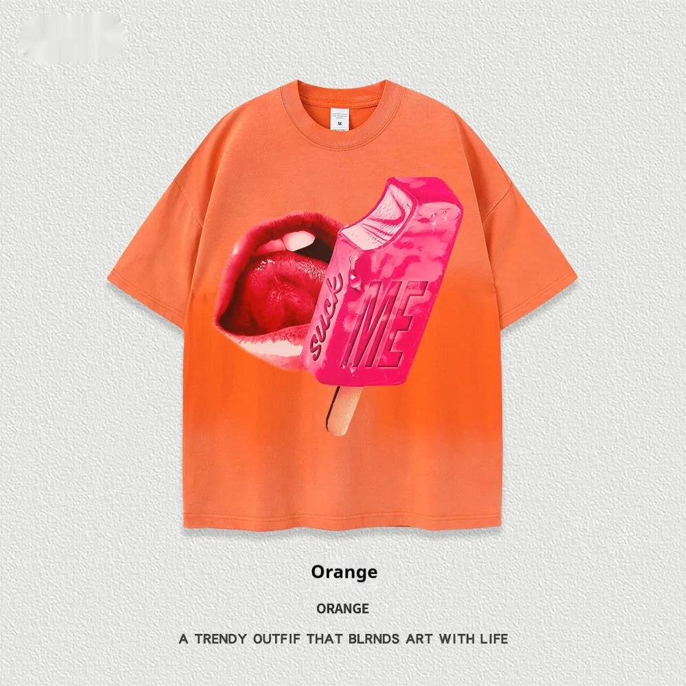 A loose-fit short-sleeved T-shirt with a cartoon print, shown in a heavy washed cotton fabric.