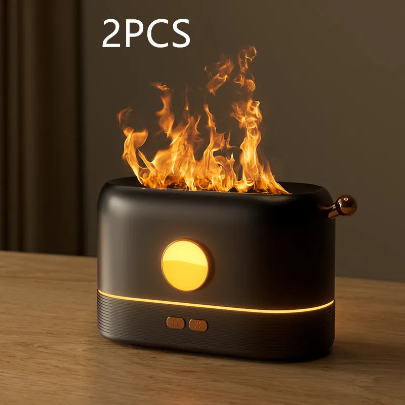 Black USB flame humidifier with 200ml water tank on wooden desktop with mist and simulated flame effect