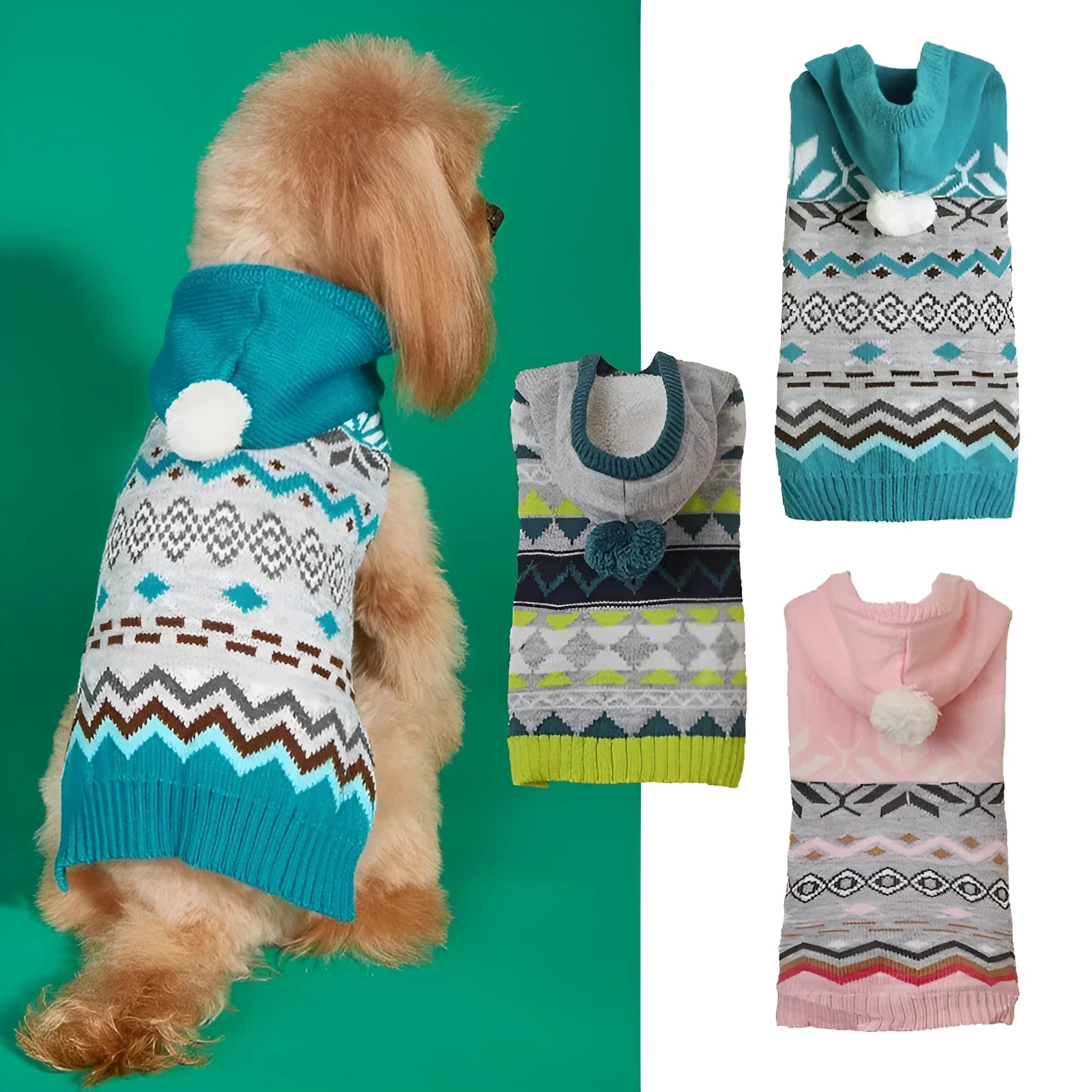 Green diamond pattern knit sweater on a small dog, showing classic design and soft acrylic fabric.
