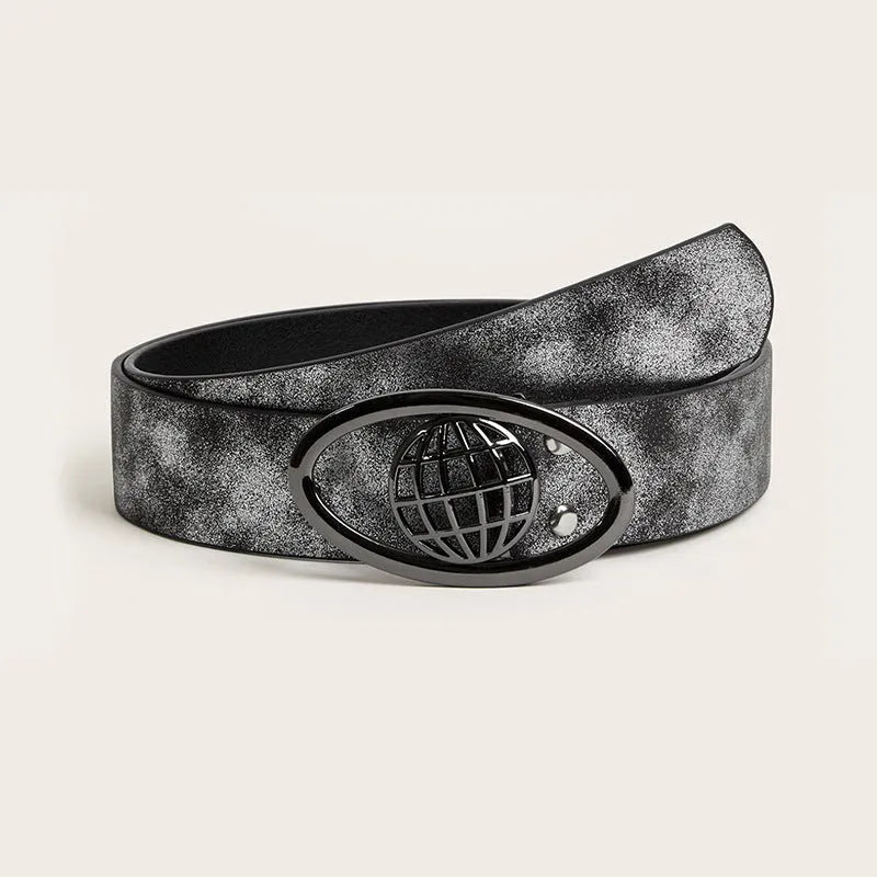 Retro women's thick belt with oval alloy buckle in antique grey-white finish