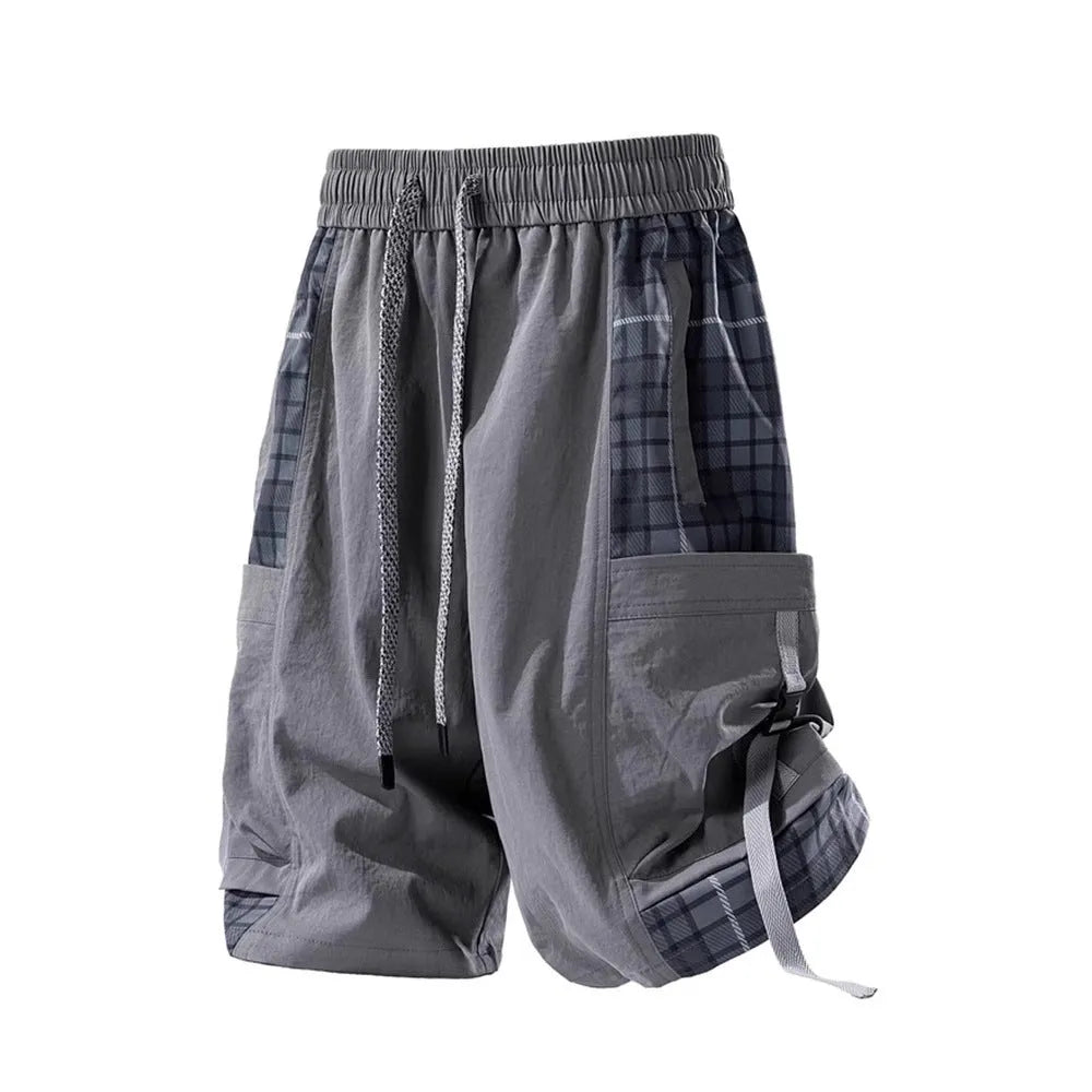 Men's loose fit cargo shorts with plaid stitching in black, light grey, or smoky grey.