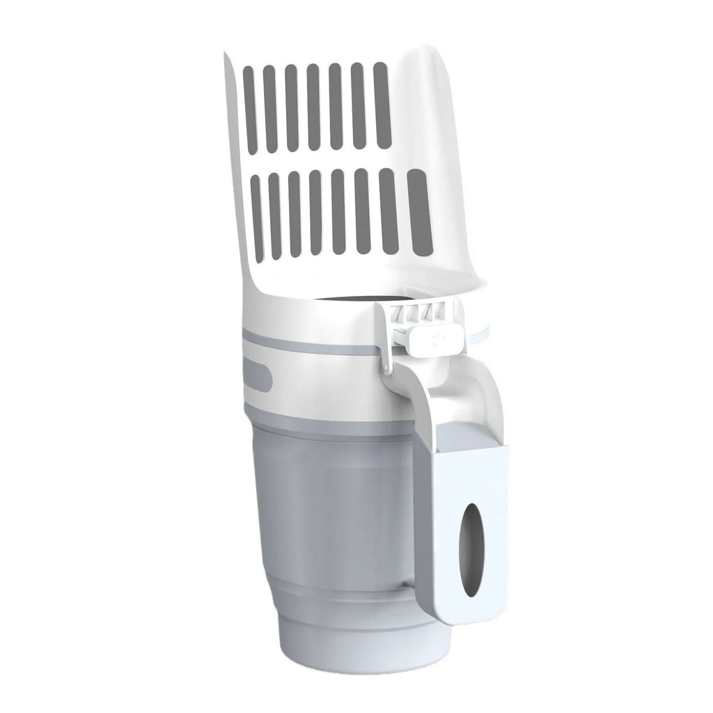 Grey foldable cat litter scoop with integrated waste collection bin and refill bags.