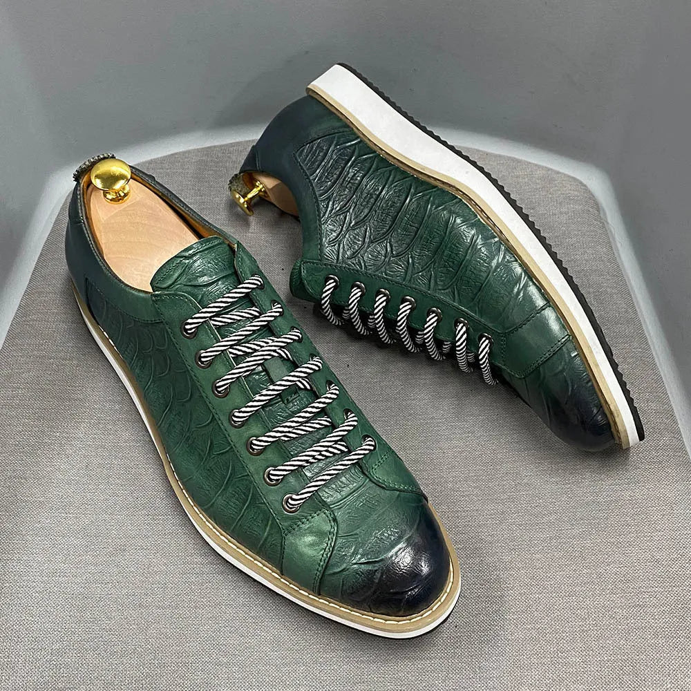 Men's fashion embossed handmade shoes in black showing front tie closure and textured upper pattern